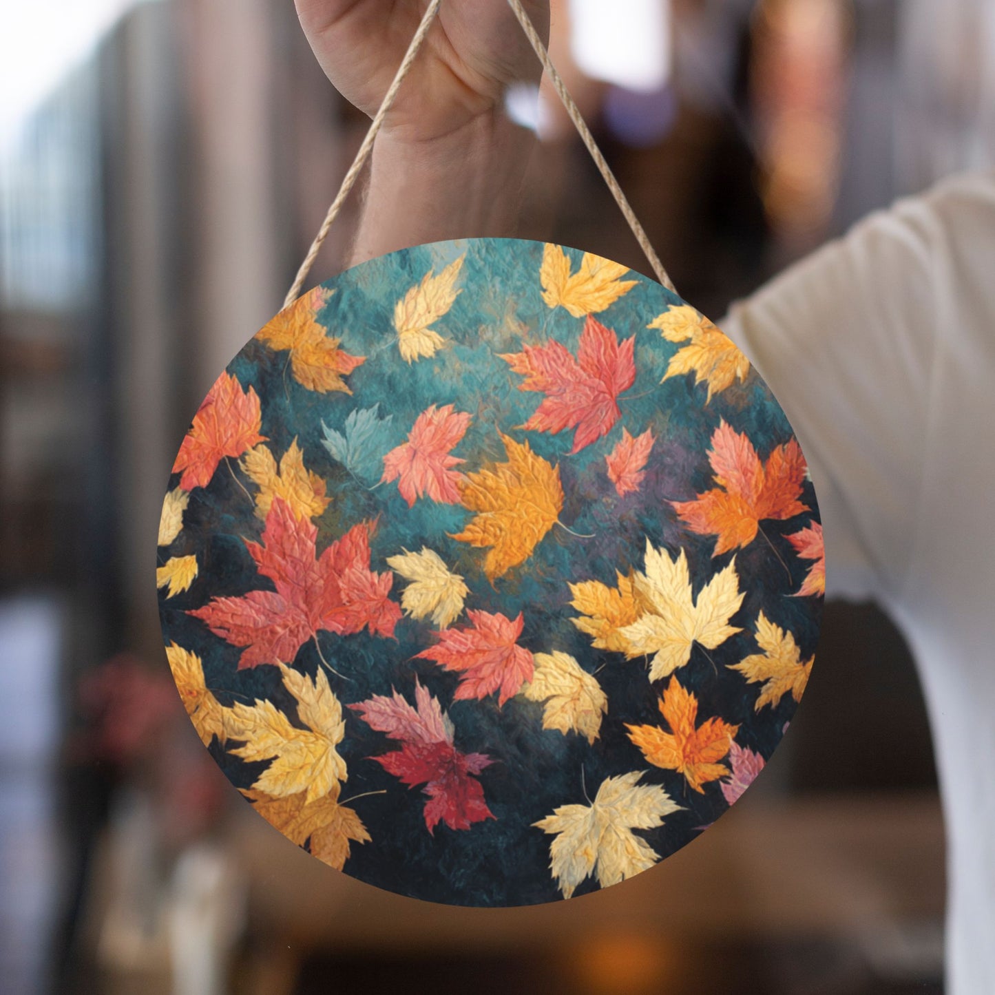 12 - inch (Approx 30cm) Round Wooden Wall Art - Colorful Autumn Leaves Decorative Hanging Signs (Set of 3)