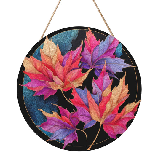 12 - inch (Approx 30cm) Colorful Maple Leaves Round Wooden Wall Decor - Set of 3 Wall Art (Thick Wood, Waterproof, with Hemp Rope Hooks)