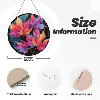 12 - inch (Approx 30cm) Colorful Maple Leaves Round Wooden Wall Decor - Set of 3 Wall Art (Thick Wood, Waterproof, with Hemp Rope Hooks)