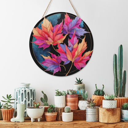 12 - inch (Approx 30cm) Colorful Maple Leaves Round Wooden Wall Decor - Set of 3 Wall Art (Thick Wood, Waterproof, with Hemp Rope Hooks)