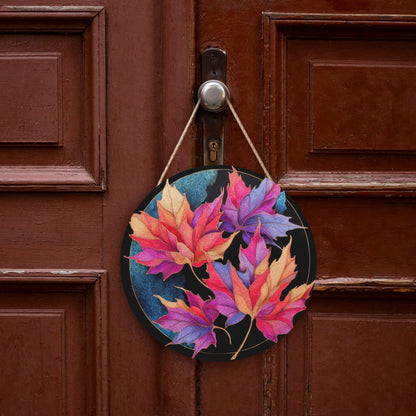 12 - inch (Approx 30cm) Colorful Maple Leaves Round Wooden Wall Decor - Set of 3 Wall Art (Thick Wood, Waterproof, with Hemp Rope Hooks)
