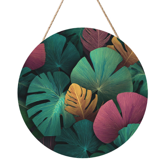 12 - inch (Approx 30cm) Colorful Tropical Leaves Round Wooden Wall Decor - Set of 3 Wall Art (Thick Wood, Waterproof, with Hemp Rope Hooks)