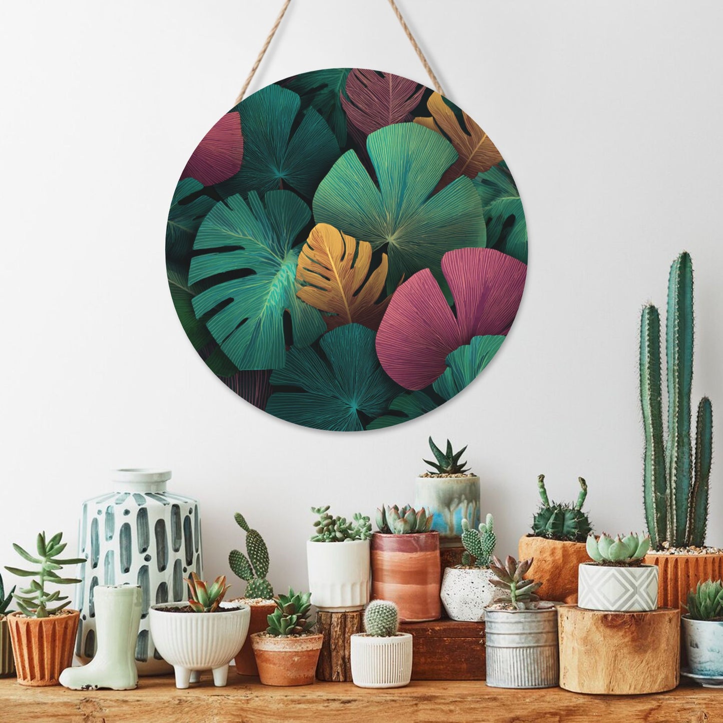 12 - inch (Approx 30cm) Colorful Tropical Leaves Round Wooden Wall Decor - Set of 3 Wall Art (Thick Wood, Waterproof, with Hemp Rope Hooks)