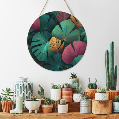 12 - inch (Approx 30cm) Colorful Tropical Leaves Round Wooden Wall Decor - Set of 3 Wall Art (Thick Wood, Waterproof, with Hemp Rope Hooks)