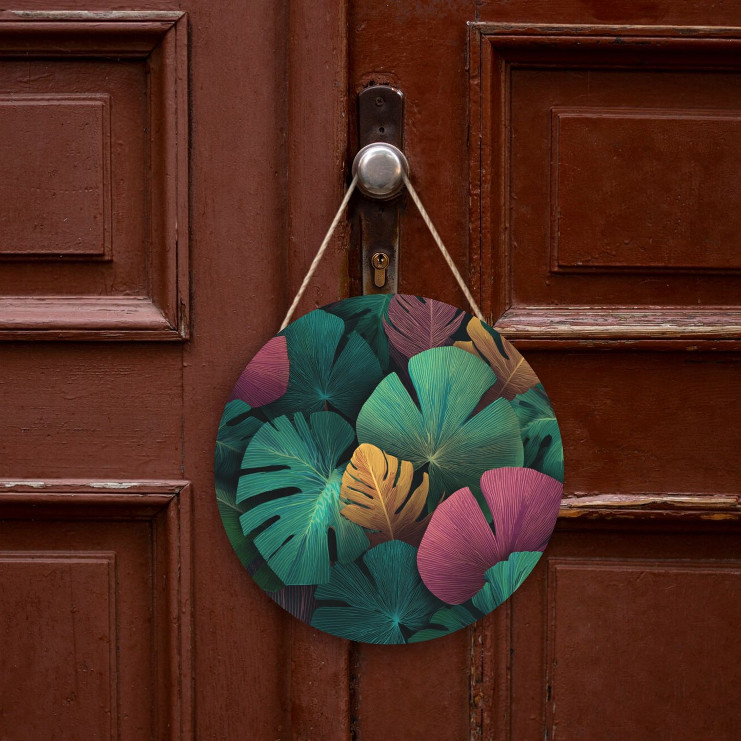 12 - inch (Approx 30cm) Colorful Tropical Leaves Round Wooden Wall Decor - Set of 3 Wall Art (Thick Wood, Waterproof, with Hemp Rope Hooks)