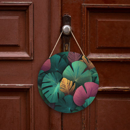 12 - inch (Approx 30cm) Colorful Tropical Leaves Round Wooden Wall Decor - Set of 3 Wall Art (Thick Wood, Waterproof, with Hemp Rope Hooks)