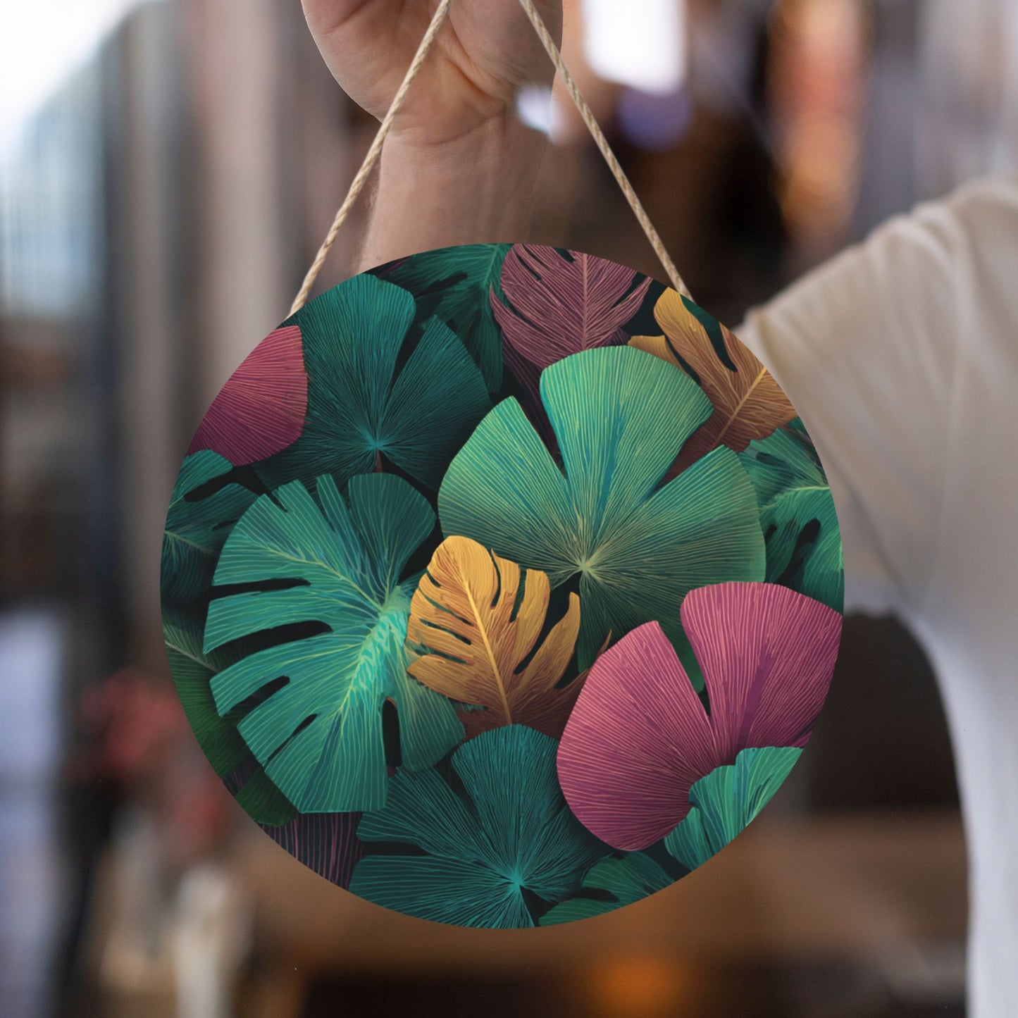 12 - inch (Approx 30cm) Colorful Tropical Leaves Round Wooden Wall Decor - Set of 3 Wall Art (Thick Wood, Waterproof, with Hemp Rope Hooks)