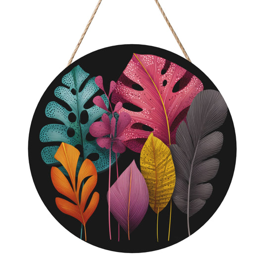 12 - inch (Approx 30cm) Colorful Leaves Round Wooden Wall Decor - Set of 3 Wall Art (Thick Wood, Waterproof, with Hemp Rope Hooks)