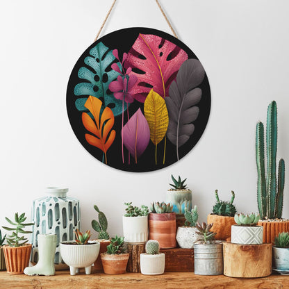 12 - inch (Approx 30cm) Colorful Leaves Round Wooden Wall Decor - Set of 3 Wall Art (Thick Wood, Waterproof, with Hemp Rope Hooks)