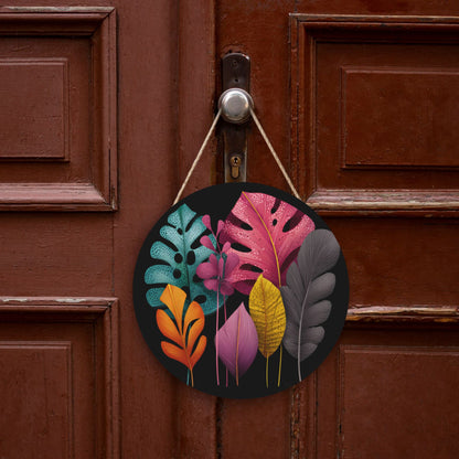 12 - inch (Approx 30cm) Colorful Leaves Round Wooden Wall Decor - Set of 3 Wall Art (Thick Wood, Waterproof, with Hemp Rope Hooks)