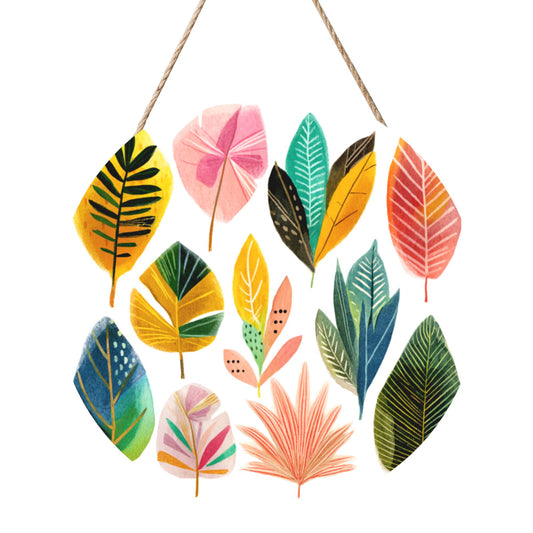 12 - inch (Approx 30cm) Colorful Leaves Round Wooden Wall Decor - Set of 3 Wall Art (Thick Wood, Waterproof, with Hemp Rope Hooks)