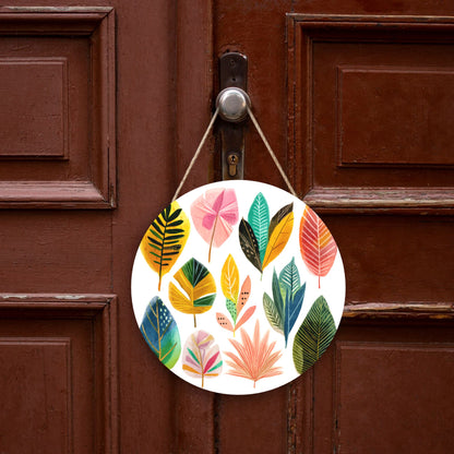12 - inch (Approx 30cm) Colorful Leaves Round Wooden Wall Decor - Set of 3 Wall Art (Thick Wood, Waterproof, with Hemp Rope Hooks)