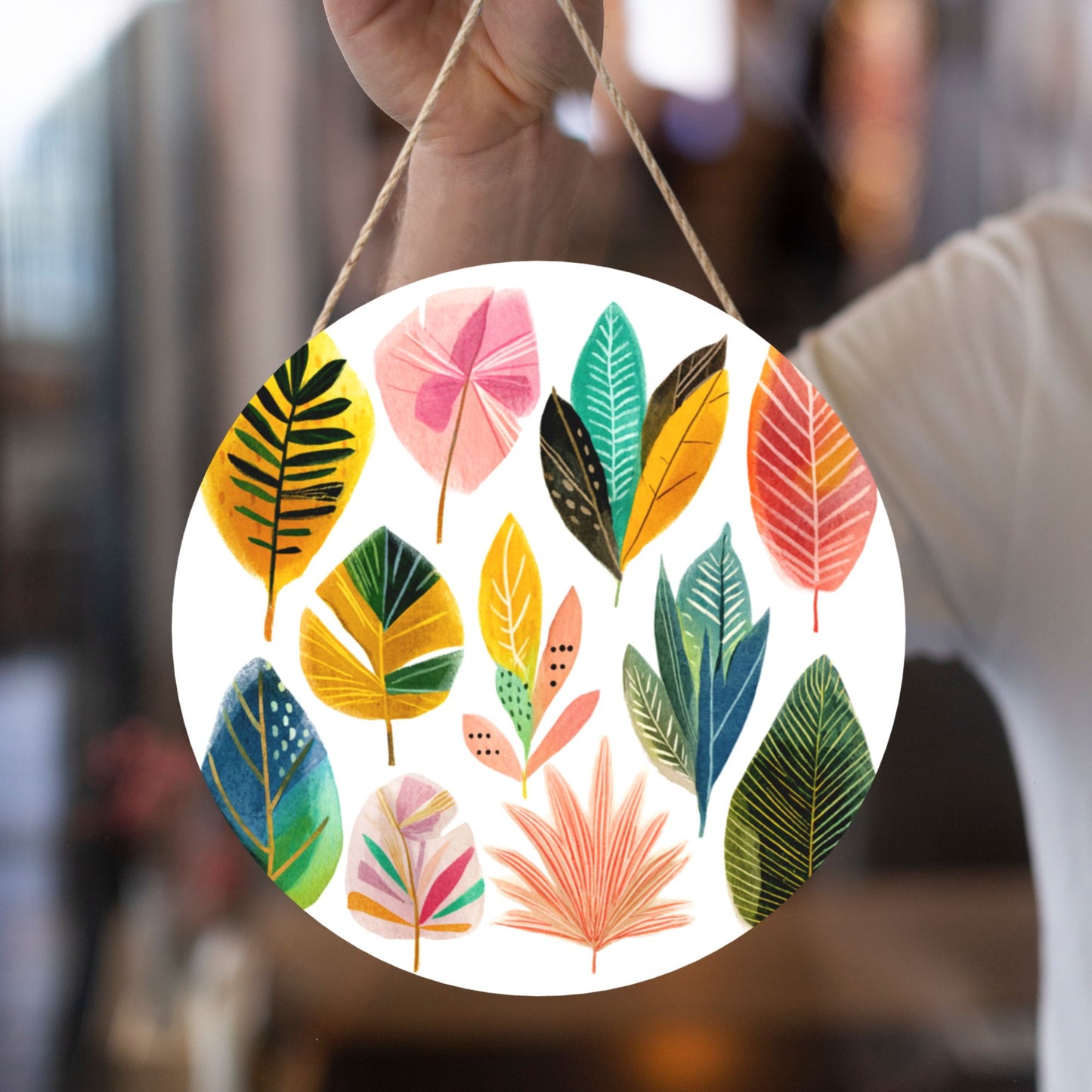 12 - inch (Approx 30cm) Colorful Leaves Round Wooden Wall Decor - Set of 3 Wall Art (Thick Wood, Waterproof, with Hemp Rope Hooks)