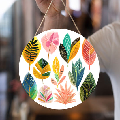 12 - inch (Approx 30cm) Colorful Leaves Round Wooden Wall Decor - Set of 3 Wall Art (Thick Wood, Waterproof, with Hemp Rope Hooks)