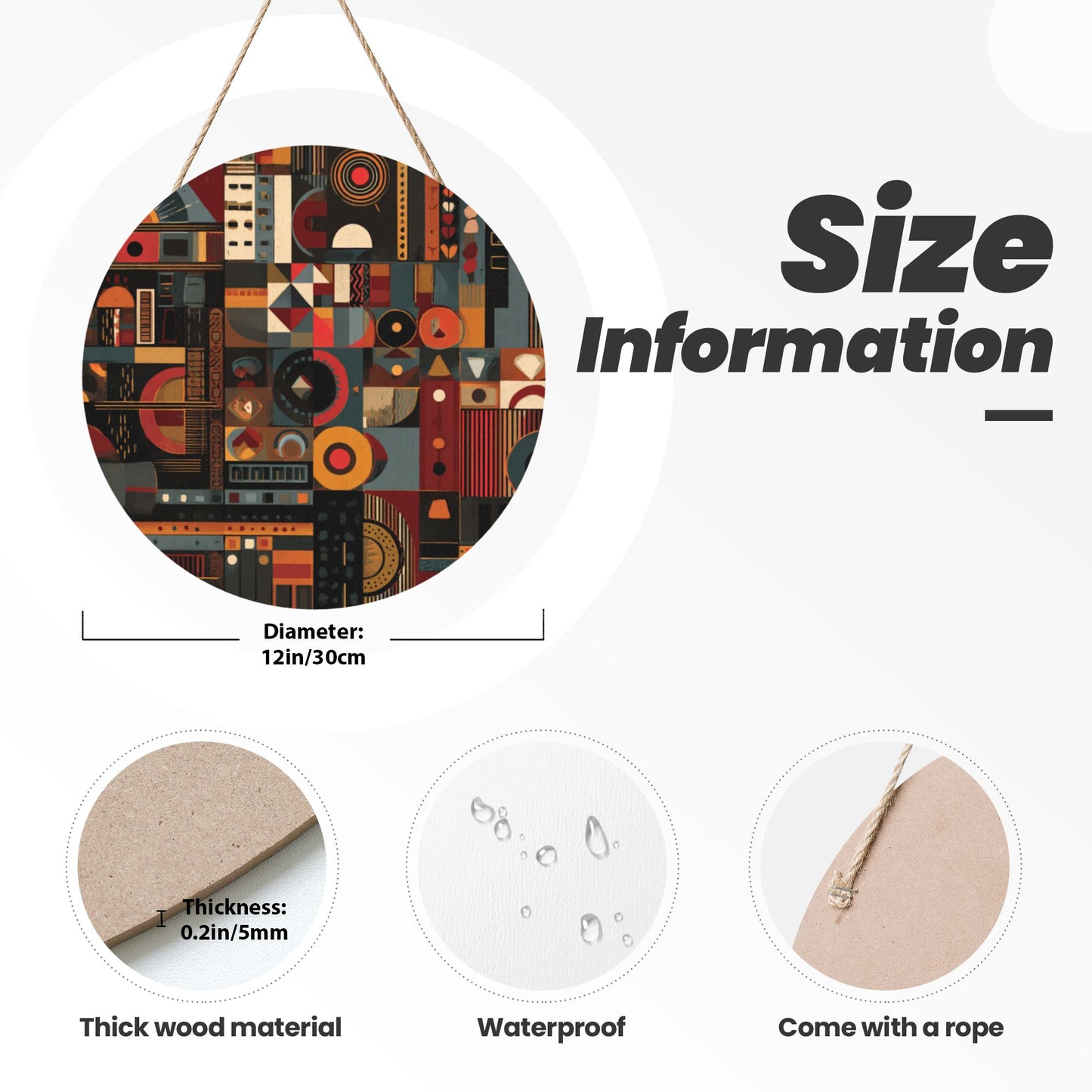 12 - inch (30cm) Geometric Art Round Wooden Wall Decor - Set of 3 Creative Wall Hangings (Thick Wood, Waterproof, with Hemp Rope Hooks)
