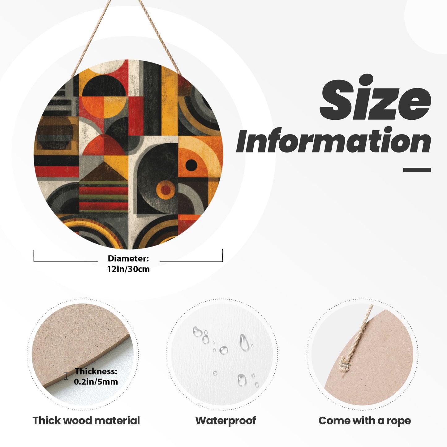 12 - inch (30cm) Geometric Art Round Wooden Wall Decor - Set of 3 Creative Wall Hangings (Thick Wood, Waterproof, with Hemp Rope Hooks)