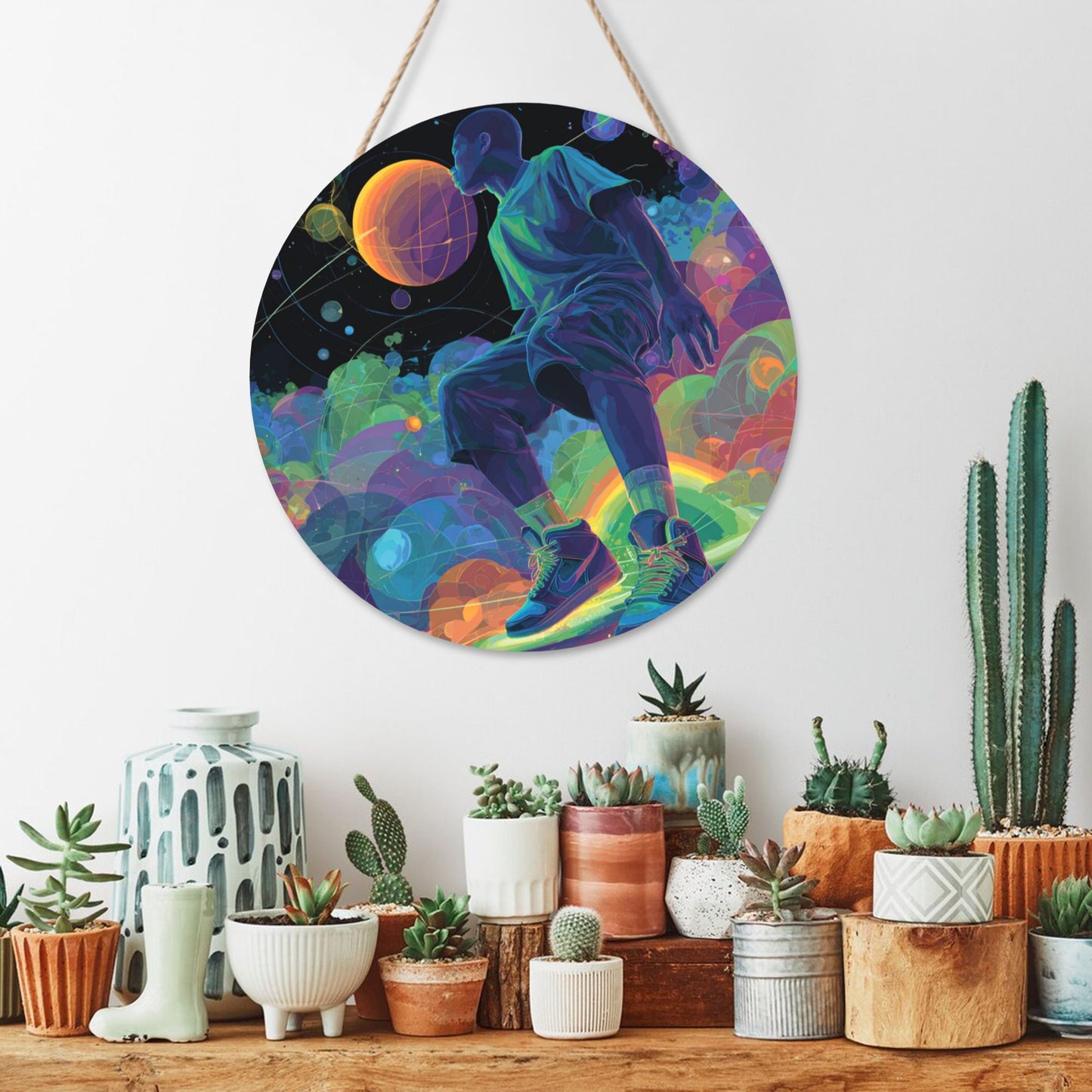 12 - inch (30cm) Trendy Colorful Figure Round Wooden Wall Decor - Set of 3 Artistic Wall Hangings (Thick Wood, Waterproof, with Hemp Rope Hooks)