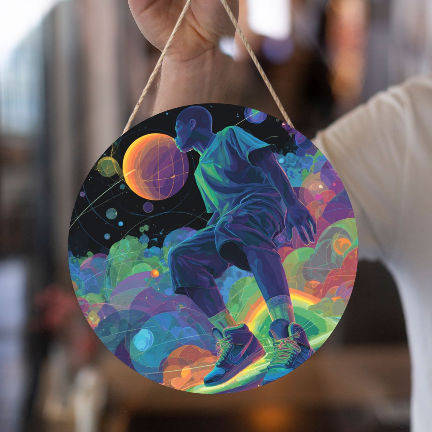 12 - inch (30cm) Trendy Colorful Figure Round Wooden Wall Decor - Set of 3 Artistic Wall Hangings (Thick Wood, Waterproof, with Hemp Rope Hooks)