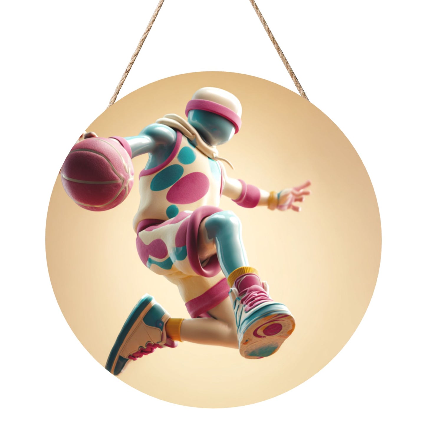 12 - inch (30cm) Trendy Basketball Figure Round Wooden Wall Decor - Set of 3 Creative Wall Hangings (Thick Wood, Waterproof, with Hemp Rope Hooks)