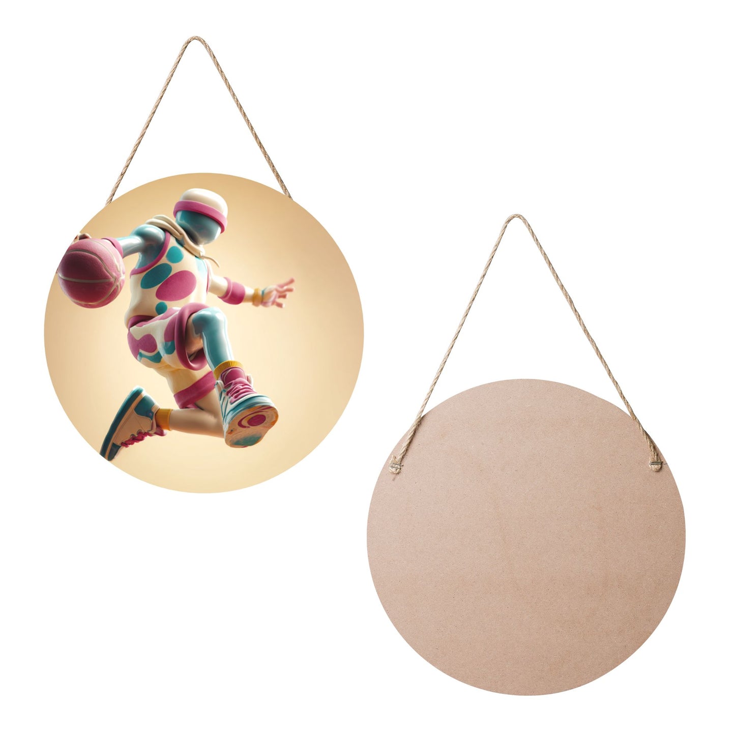 12 - inch (30cm) Trendy Basketball Figure Round Wooden Wall Decor - Set of 3 Creative Wall Hangings (Thick Wood, Waterproof, with Hemp Rope Hooks)