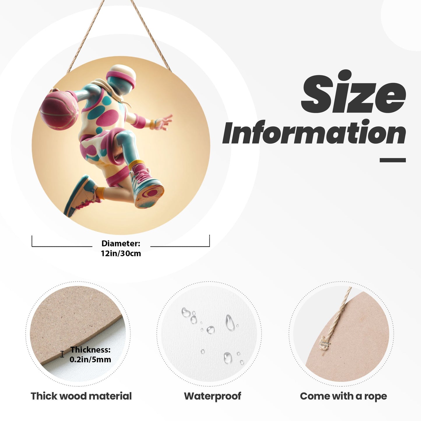 12 - inch (30cm) Trendy Basketball Figure Round Wooden Wall Decor - Set of 3 Creative Wall Hangings (Thick Wood, Waterproof, with Hemp Rope Hooks)