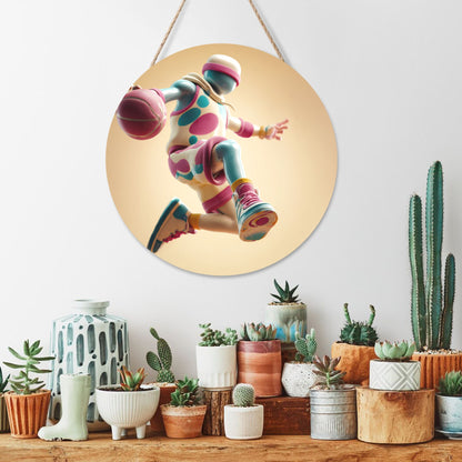 12 - inch (30cm) Trendy Basketball Figure Round Wooden Wall Decor - Set of 3 Creative Wall Hangings (Thick Wood, Waterproof, with Hemp Rope Hooks)