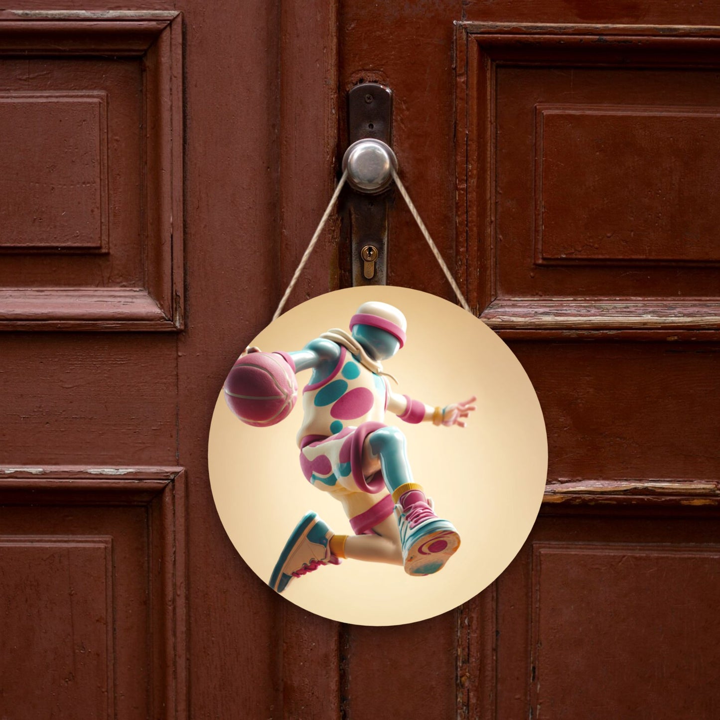 12 - inch (30cm) Trendy Basketball Figure Round Wooden Wall Decor - Set of 3 Creative Wall Hangings (Thick Wood, Waterproof, with Hemp Rope Hooks)