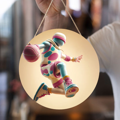 12 - inch (30cm) Trendy Basketball Figure Round Wooden Wall Decor - Set of 3 Creative Wall Hangings (Thick Wood, Waterproof, with Hemp Rope Hooks)