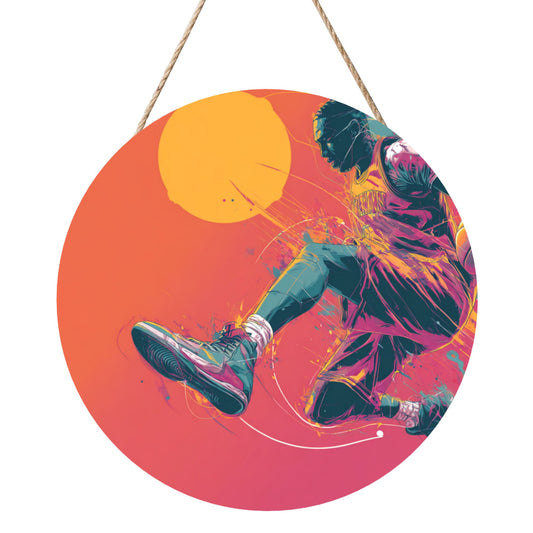 12 - inch (30cm) Trendy Basketball Figure Round Wooden Wall Decor - Set of 3 Artistic Wall Hangings (Thick Wood, Waterproof, with Hemp Rope Hooks)