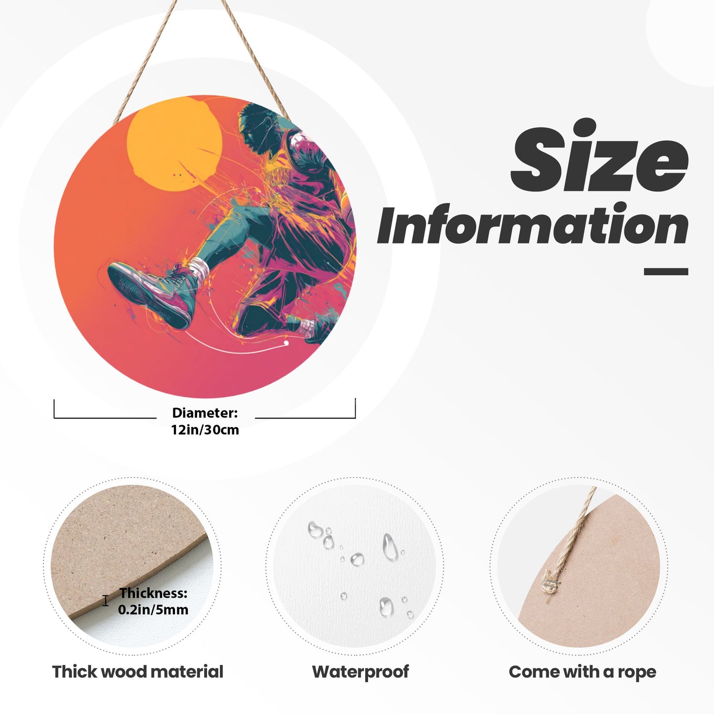 12 - inch (30cm) Trendy Basketball Figure Round Wooden Wall Decor - Set of 3 Artistic Wall Hangings (Thick Wood, Waterproof, with Hemp Rope Hooks)