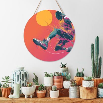 12 - inch (30cm) Trendy Basketball Figure Round Wooden Wall Decor - Set of 3 Artistic Wall Hangings (Thick Wood, Waterproof, with Hemp Rope Hooks)