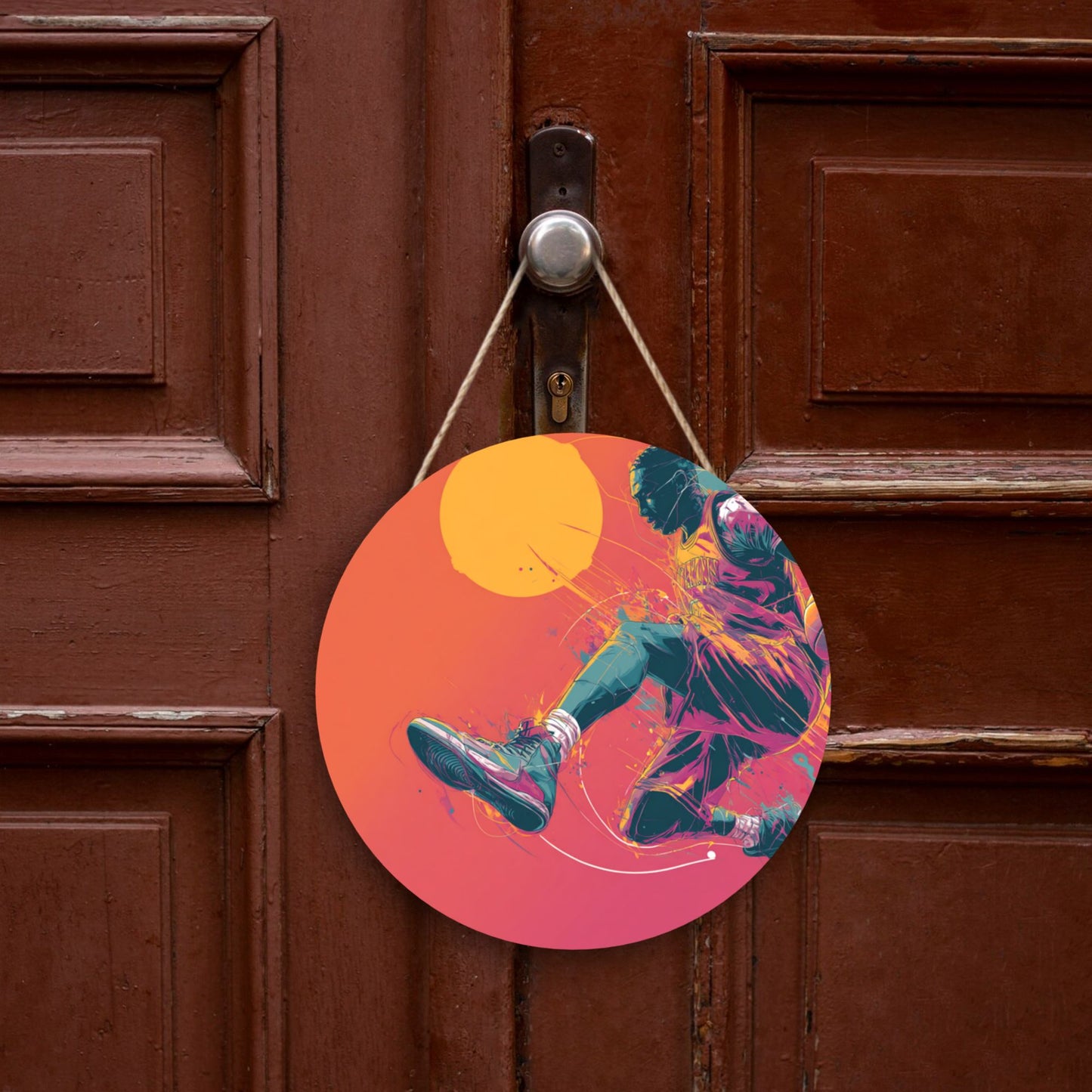 12 - inch (30cm) Trendy Basketball Figure Round Wooden Wall Decor - Set of 3 Artistic Wall Hangings (Thick Wood, Waterproof, with Hemp Rope Hooks)