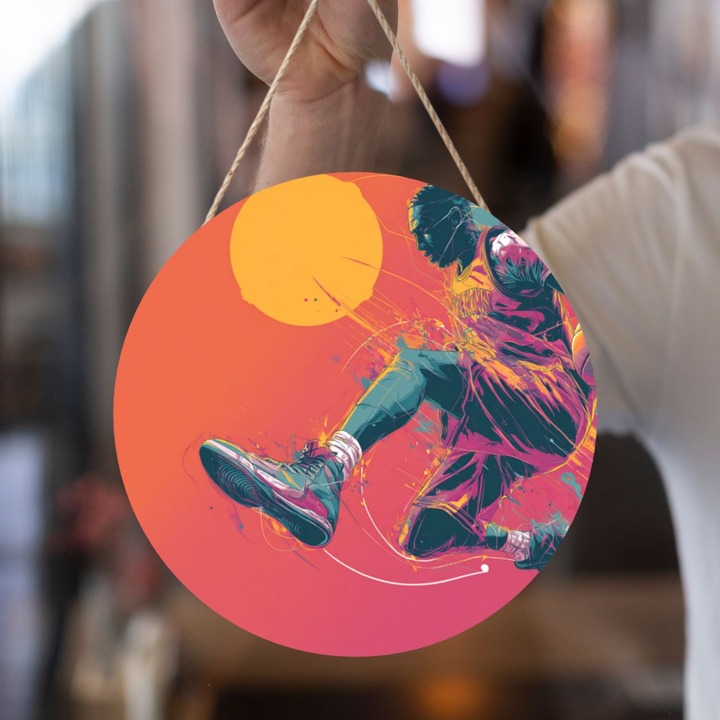 12 - inch (30cm) Trendy Basketball Figure Round Wooden Wall Decor - Set of 3 Artistic Wall Hangings (Thick Wood, Waterproof, with Hemp Rope Hooks)