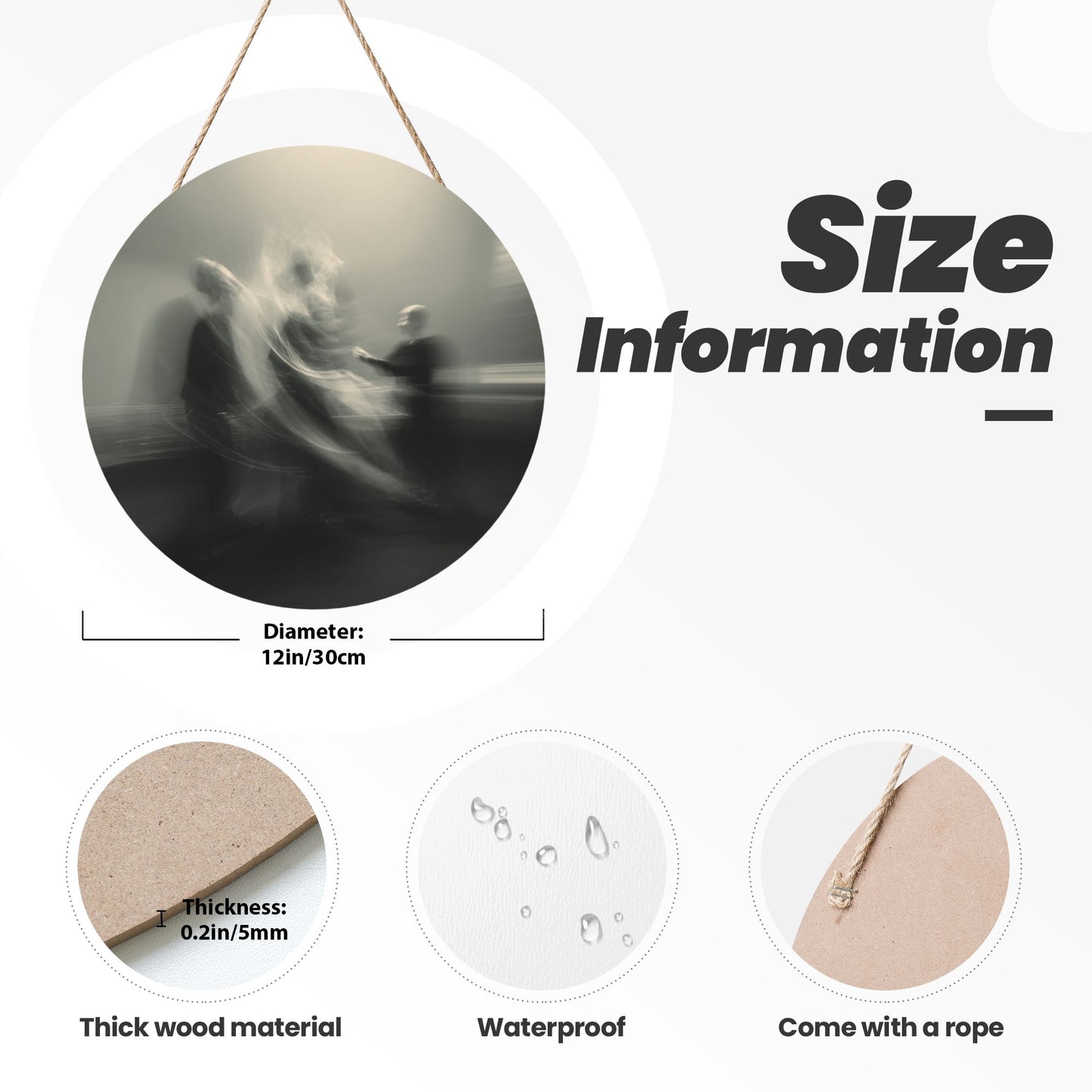 12 - inch (30cm) Artistic Abstract Figure Round Wooden Wall Decor - Set of 3 Creative Wall Hangings (Thick Wood, Waterproof, with Hemp Rope Hooks)