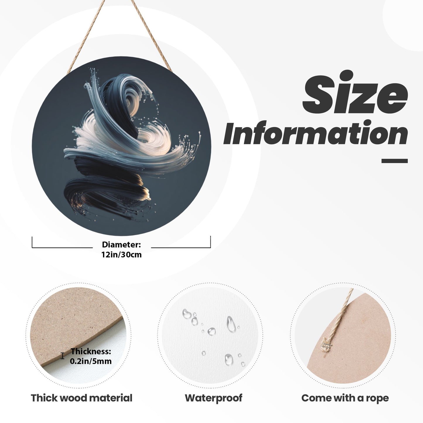 12 - inch (30cm) Artistic Abstract Fluid Round Wooden Wall Decor - Set of 3 Creative Wall Hangings (Thick Wood, Waterproof, with Hemp Rope Hooks)